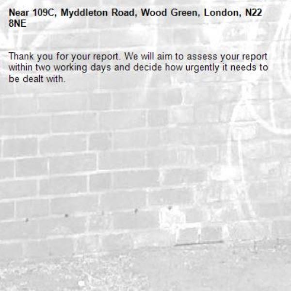 Thank you for your report. We will aim to assess your report within two working days and decide how urgently it needs to be dealt with.-109C, Myddleton Road, Wood Green, London, N22 8NE