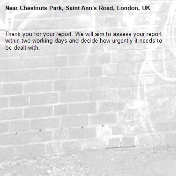 Thank you for your report. We will aim to assess your report within two working days and decide how urgently it needs to be dealt with.-Chestnuts Park, Saint Ann's Road, London, UK
