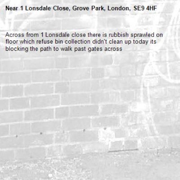 Across from 1 Lonsdale close there is rubbish sprawled on floor which refuse bin collection didn't clean up today its blocking the path to walk past gates across-1 Lonsdale Close, Grove Park, London, SE9 4HF