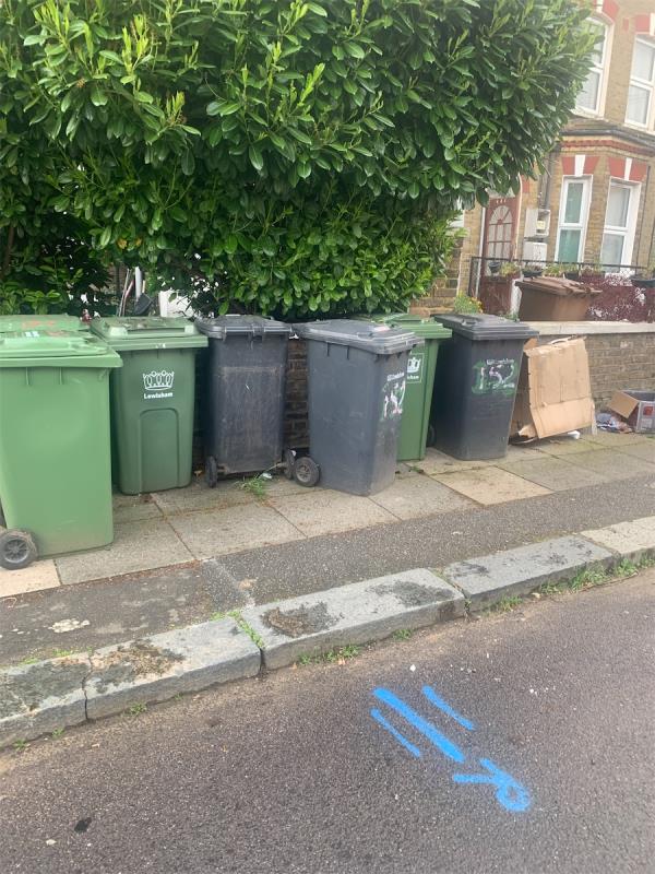 Cardboard boxes have been left behind the bins for weeks, they have littered the road and the remains are still on the pavement.-152A, Courthill Road, Hither Green, London, SE13 6DR