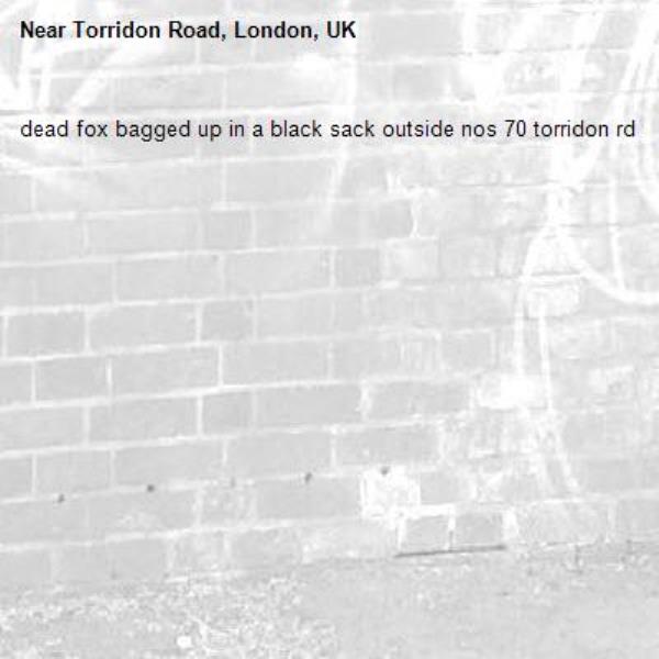 dead fox bagged up in a black sack outside nos 70 torridon rd-Torridon Road, London, UK