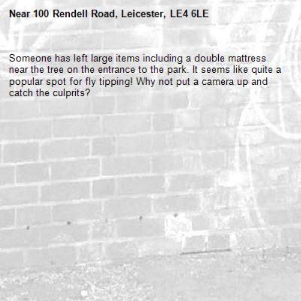 Someone has left large items including a double mattress near the tree on the entrance to the park. It seems like quite a popular spot for fly tipping! Why not put a camera up and catch the culprits? -100 Rendell Road, Leicester, LE4 6LE