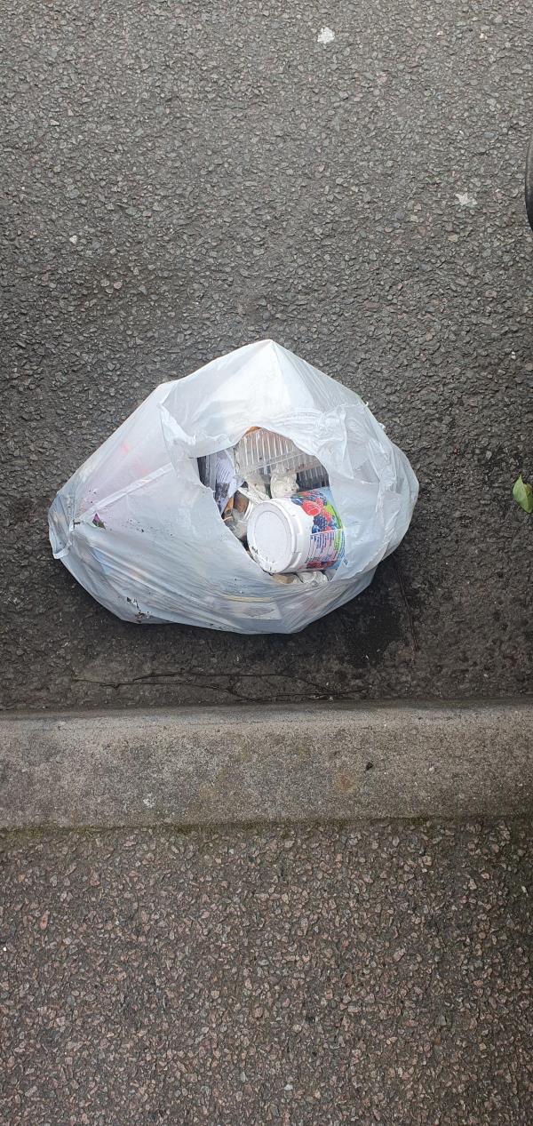 A white rubbish bag left outside property on the road appears to have empty food containers and letters inside  -1 Larchmont Road, Leicester, LE4 0BE