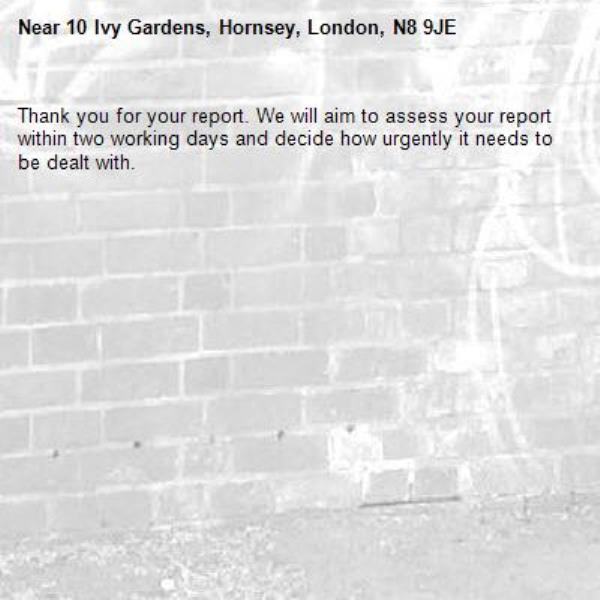 Thank you for your report. We will aim to assess your report within two working days and decide how urgently it needs to be dealt with.-10 Ivy Gardens, Hornsey, London, N8 9JE
