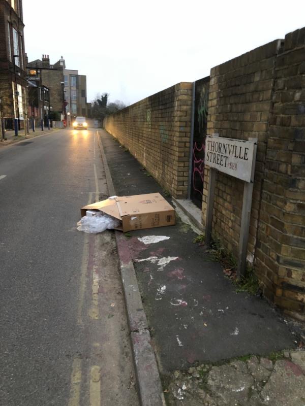 Flytipped box crossing the pavement -31 Lucas Street, London, SE8 4QH