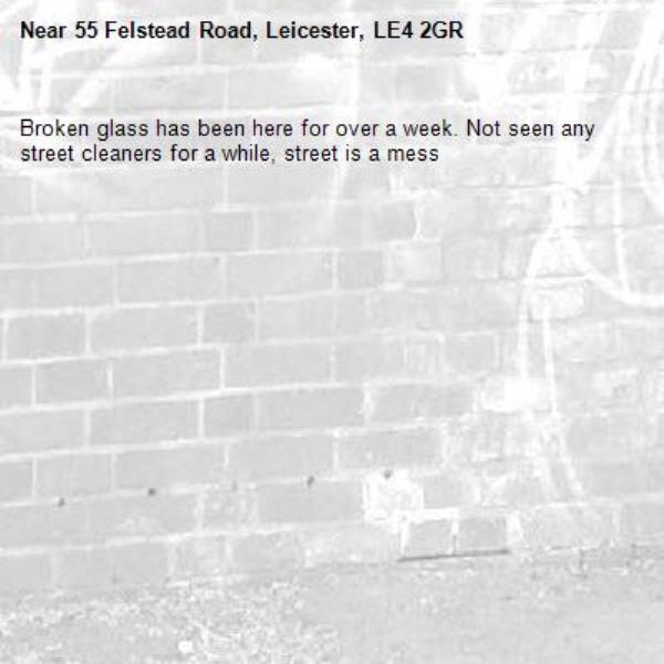 Broken glass has been here for over a week. Not seen any street cleaners for a while, street is a mess-55 Felstead Road, Leicester, LE4 2GR