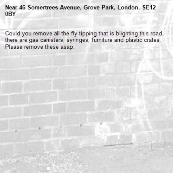 Could you remove all the fly tipping that is blighting this road, there are gas canisters, syringes, furniture and plastic crates.
Please remove these asap.-46 Somertrees Avenue, Grove Park, London, SE12 0BY