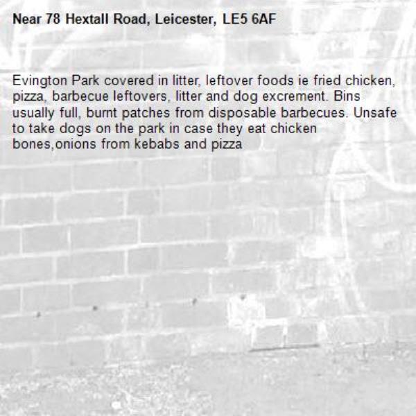 Evington Park covered in litter, leftover foods ie fried chicken, pizza, barbecue leftovers, litter and dog excrement. Bins usually full, burnt patches from disposable barbecues. Unsafe to take dogs on the park in case they eat chicken bones,onions from kebabs and pizza -78 Hextall Road, Leicester, LE5 6AF