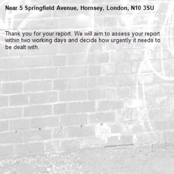 Thank you for your report. We will aim to assess your report within two working days and decide how urgently it needs to be dealt with.-5 Springfield Avenue, Hornsey, London, N10 3SU