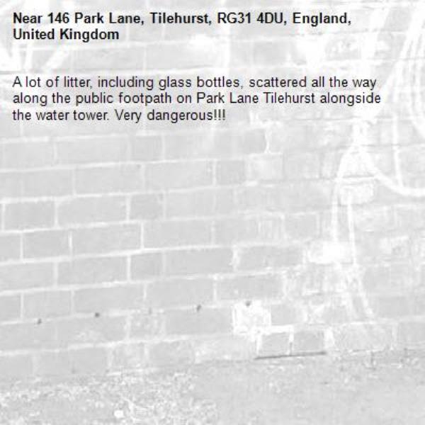 A lot of litter, including glass bottles, scattered all the way along the public footpath on Park Lane Tilehurst alongside the water tower. Very dangerous!!! -146 Park Lane, Tilehurst, RG31 4DU, England, United Kingdom