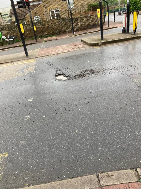 Pothole in mitre road / leywick road intersection middle of pedestrian crossing. -Tom And Jerry Restaurant, 1 Leywick Street, Stratford, London, E15 3DD