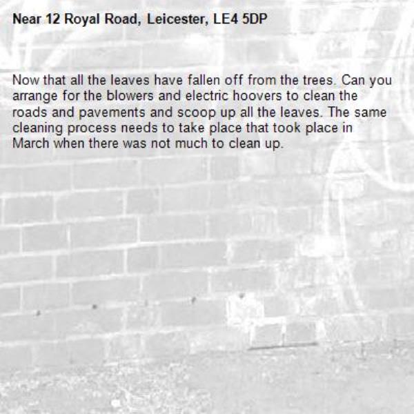 Now that all the leaves have fallen off from the trees. Can you arrange for the blowers and electric hoovers to clean the roads and pavements and scoop up all the leaves. The same cleaning process needs to take place that took place in March when there was not much to clean up. -12 Royal Road, Leicester, LE4 5DP