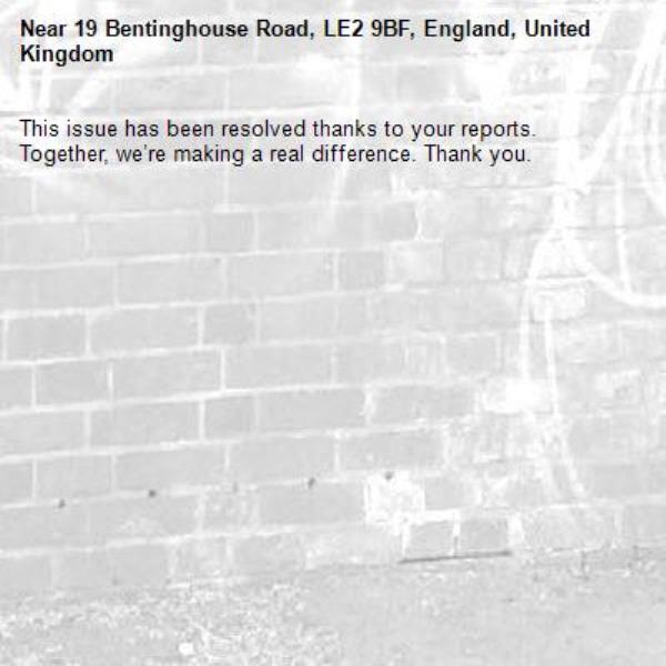 This issue has been resolved thanks to your reports.
Together, we’re making a real difference. Thank you.
-19 Bentinghouse Road, LE2 9BF, England, United Kingdom