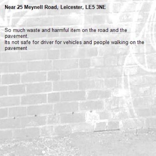 So much waste and harmful item on the road and the pavement. 
Its not safe for driver for vehicles and people walking on the pavement -25 Meynell Road, Leicester, LE5 3NE