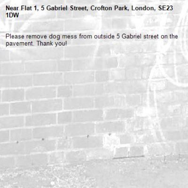 Please remove dog mess from outside 5 Gabriel street on the pavement. Thank you!-Flat 1, 5 Gabriel Street, Crofton Park, London, SE23 1DW