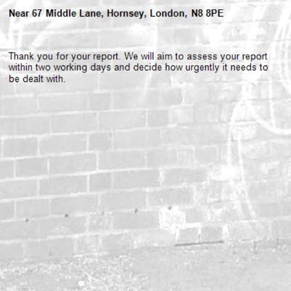 Thank you for your report. We will aim to assess your report within two working days and decide how urgently it needs to be dealt with.-67 Middle Lane, Hornsey, London, N8 8PE