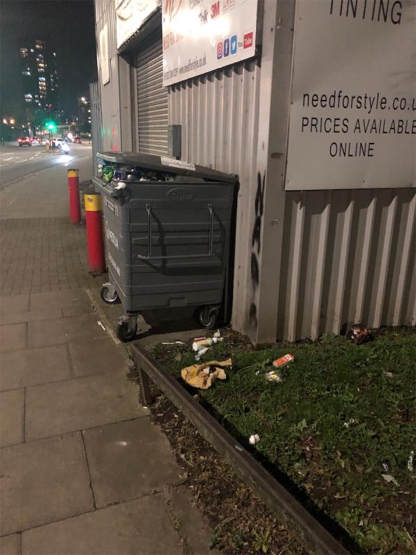 Bin has been overfilled and bits falling onto Street for several weeks now -1 Leyton Road, Stratford, London, E15 1DQ