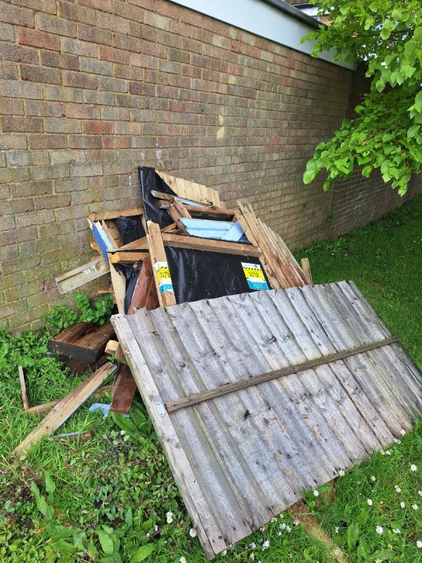 Biddingden close garages 

Fly tipping 

Wooden fencing and bits

Please clear all

Thanks john -15 Biddenden Close, Eastbourne, BN23 7HX