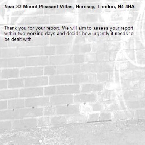 Thank you for your report. We will aim to assess your report within two working days and decide how urgently it needs to be dealt with.-33 Mount Pleasant Villas, Hornsey, London, N4 4HA
