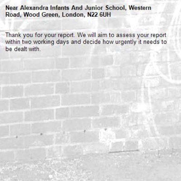Thank you for your report. We will aim to assess your report within two working days and decide how urgently it needs to be dealt with.-Alexandra Infants And Junior School, Western Road, Wood Green, London, N22 6UH