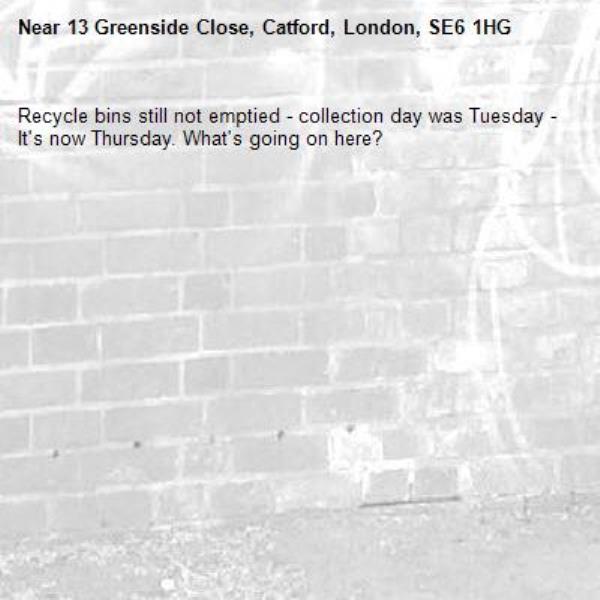 Recycle bins still not emptied - collection day was Tuesday - It's now Thursday. What's going on here?-13 Greenside Close, Catford, London, SE6 1HG
