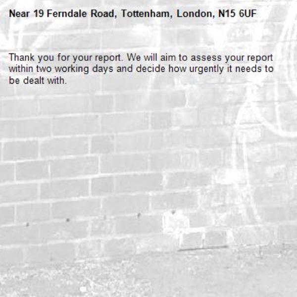 Thank you for your report. We will aim to assess your report within two working days and decide how urgently it needs to be dealt with.-19 Ferndale Road, Tottenham, London, N15 6UF