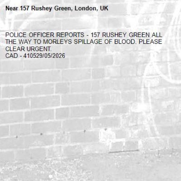 POLICE OFFICER REPORTS - 157 RUSHEY GREEN ALL THE WAY TO MORLEYS SPILLAGE OF BLOOD. PLEASE CLEAR URGENT.
CAD - 410529/05/2026-157 Rushey Green, London, UK