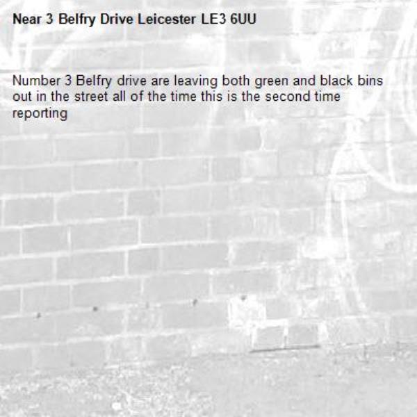 Number 3 Belfry drive are leaving both green and black bins out in the street all of the time this is the second time reporting -3 Belfry Drive Leicester LE3 6UU