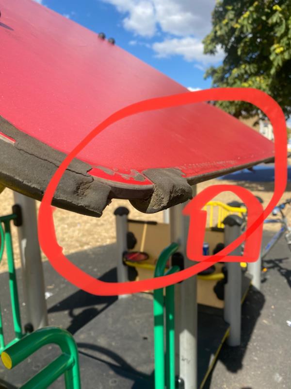 Odessa Open Space: Foam end covers have came off the play train seats, roof edge and two bars at the front. The front of train now has sharpe edges. Kids can also bang their heads on the roof edge as they get off. Foam protection needs replacement -97 Odessa Road, London, E7 9BL