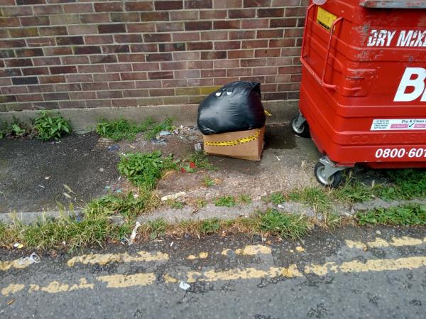 Fly tipping of uncontained cardboard box containing some other wastes in a black bag and a couple of baby's car seats deposited on Downham Lane BR 1. Checked. Please clear.-477a Bromley Road, Bromley, BR1 4PQ