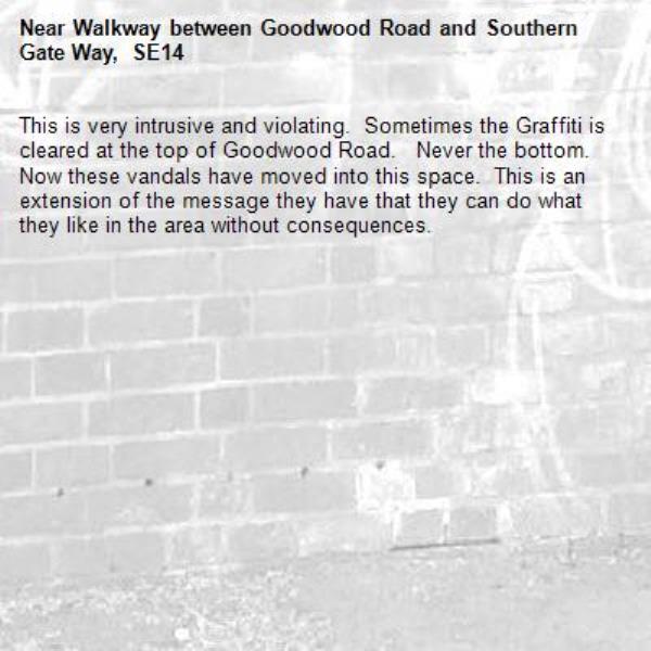 This is very intrusive and violating.  Sometimes the Graffiti is cleared at the top of Goodwood Road.   Never the bottom.  Now these vandals have moved into this space.  This is an extension of the message they have that they can do what they like in the area without consequences. -Walkway between Goodwood Road and Southern Gate Way,  SE14 