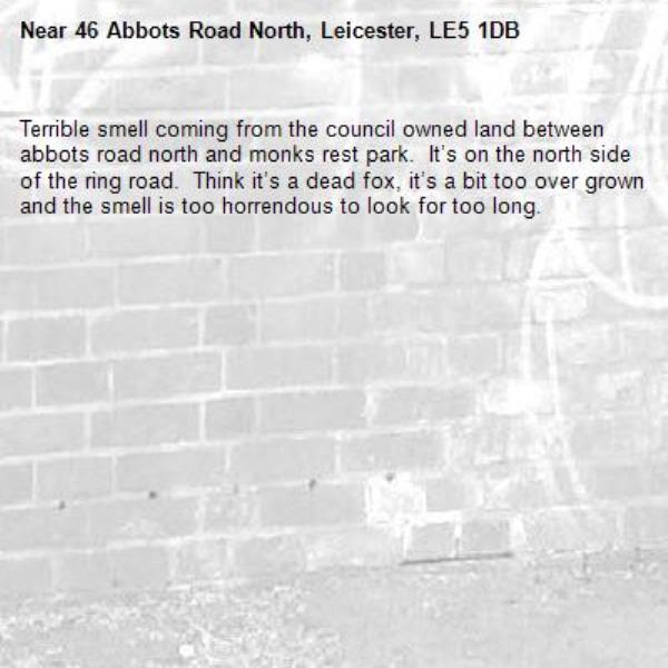 Terrible smell coming from the council owned land between abbots road north and monks rest park.  It’s on the north side of the ring road.  Think it’s a dead fox, it’s a bit too over grown and the smell is too horrendous to look for too long. -46 Abbots Road North, Leicester, LE5 1DB