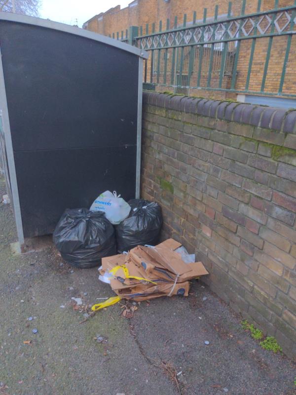 Rubbish dumped alongside the recycling bins which are between Aragon Rd and St Bernards Rd on the north side of Barking Rd (opposite the Boleyn medical centre on the corner of Mafeking Ave and Barking Rd) -Boleyn Medical Centre, 152 Barking Road, East Ham, London, E6 3BD