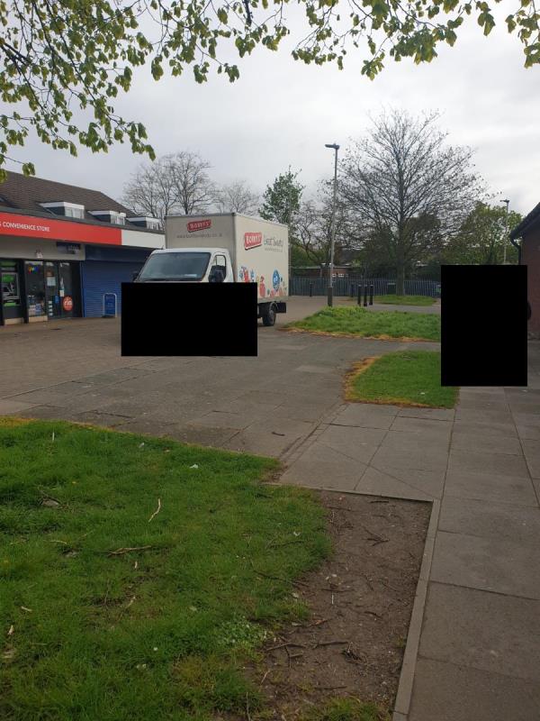 Vehicles start to come through the curbed area as the barriers were removed. School children in that area play around.
The vehicles also damage the ground and grass. 
Please can we barriers fixed or bollards to protect this area and the grass.
Also one stop should be asked to request their suppliers to park on the parking area behind the building.-5 Charnwood Walk, Leicester, LE5 3FN