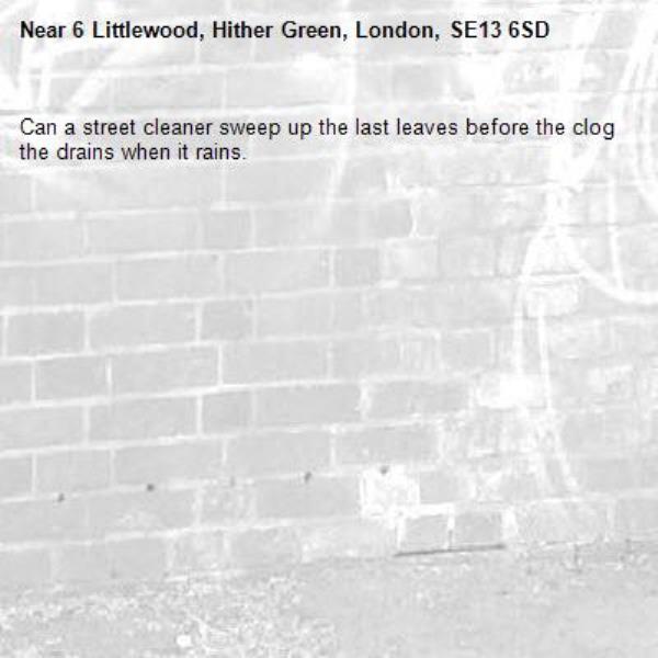 Can a street cleaner sweep up the last leaves before the clog the drains when it rains.-6 Littlewood, Hither Green, London, SE13 6SD