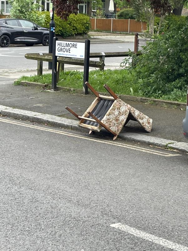 Old chair dumped on Hillmore Grove-26 Kent House Road, Bromley, SE26 5LF