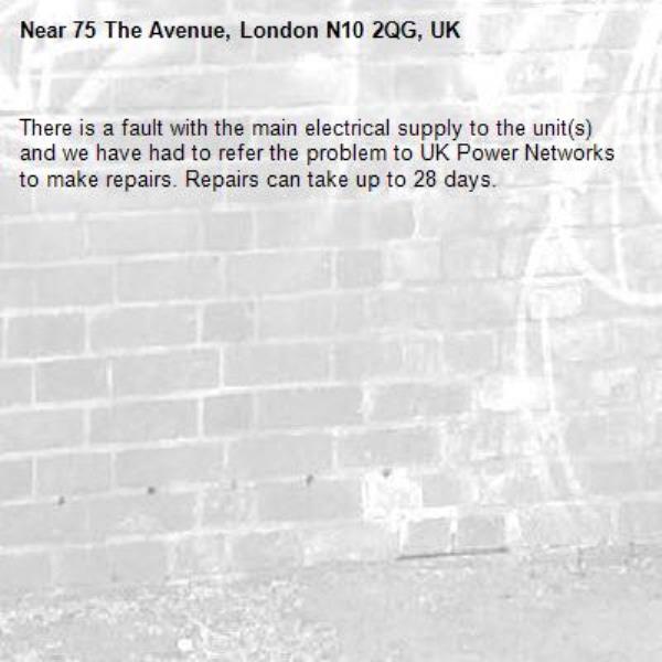 There is a fault with the main electrical supply to the unit(s) and we have had to refer the problem to UK Power Networks to make repairs. Repairs can take up to 28 days.-75 The Avenue, London N10 2QG, UK