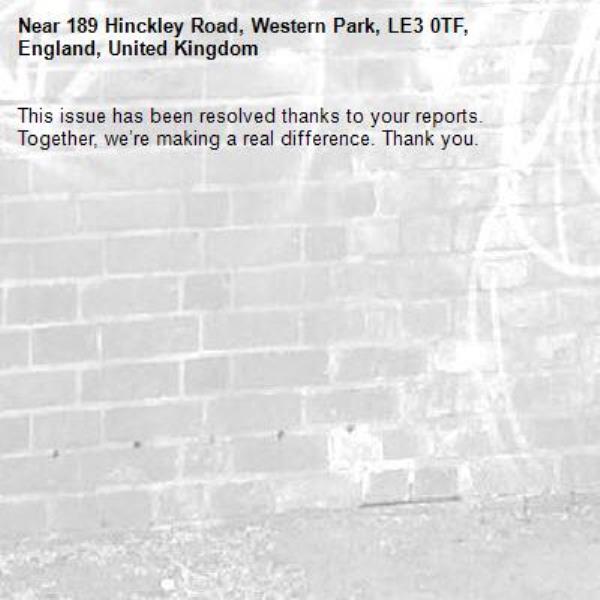 This issue has been resolved thanks to your reports.
Together, we’re making a real difference. Thank you.
-189 Hinckley Road, Western Park, LE3 0TF, England, United Kingdom