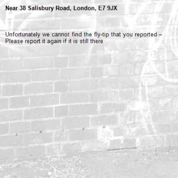 Unfortunately we cannot find the fly-tip that you reported – Please report it again if it is still there-38 Salisbury Road, London, E7 9JX