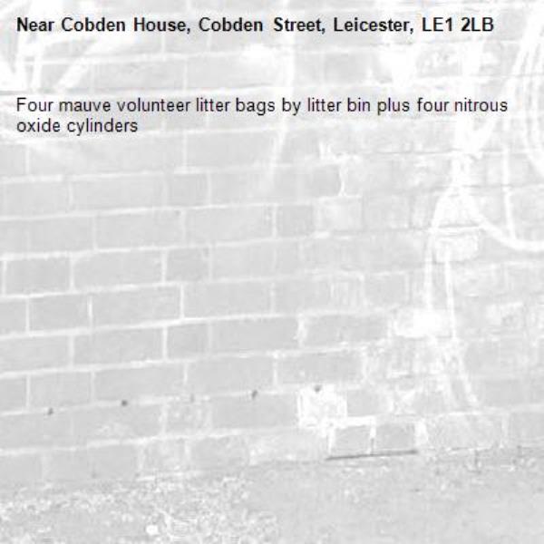 Four mauve volunteer litter bags by litter bin plus four nitrous oxide cylinders -Cobden House, Cobden Street, Leicester, LE1 2LB