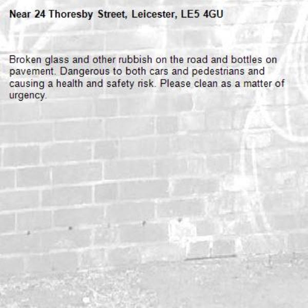 Broken glass and other rubbish on the road and bottles on pavement. Dangerous to both cars and pedestrians and causing a health and safety risk. Please clean as a matter of urgency.-24 Thoresby Street, Leicester, LE5 4GU