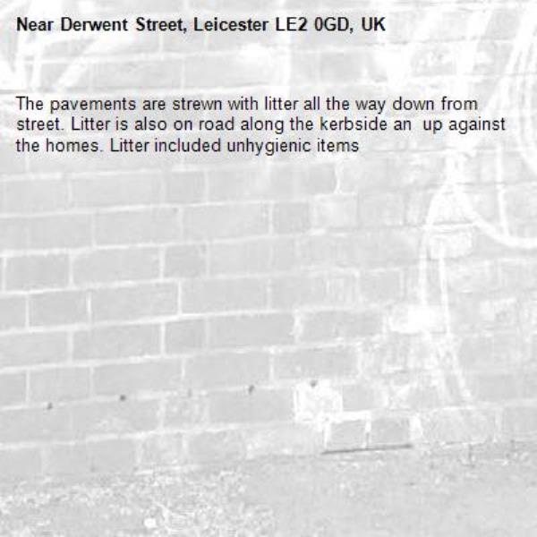 The pavements are strewn with litter all the way down from street. Litter is also on road along the kerbside an  up against the homes. Litter included unhygienic items-Derwent Street, Leicester LE2 0GD, UK