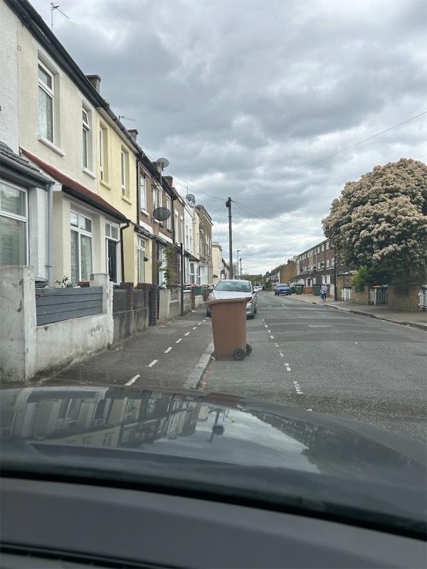 Another borough’s wheelie bin left on the pavement. -101 Tower Hamlets Road, Forest Gate, London, E7 9DD