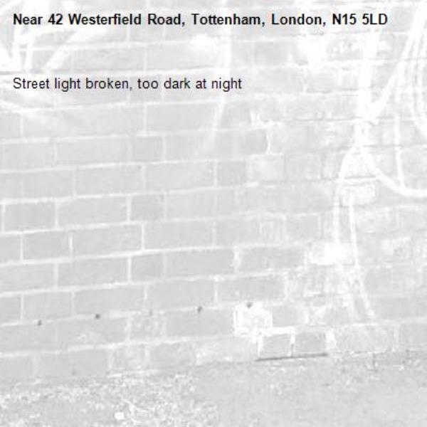 Street light broken, too dark at night -42 Westerfield Road, Tottenham, London, N15 5LD