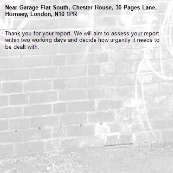 Thank you for your report. We will aim to assess your report within two working days and decide how urgently it needs to be dealt with.-Garage Flat South, Chester House, 30 Pages Lane, Hornsey, London, N10 1PR
