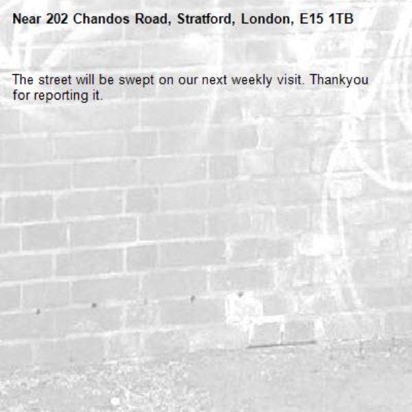 The street will be swept on our next weekly visit. Thankyou for reporting it.-202 Chandos Road, Stratford, London, E15 1TB