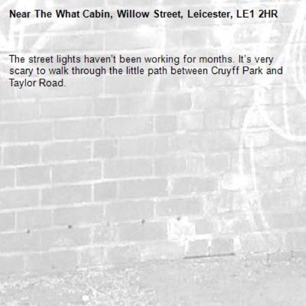 The street lights haven’t been working for months. It’s very scary to walk through the little path between Cruyff Park and Taylor Road. -The What Cabin, Willow Street, Leicester, LE1 2HR