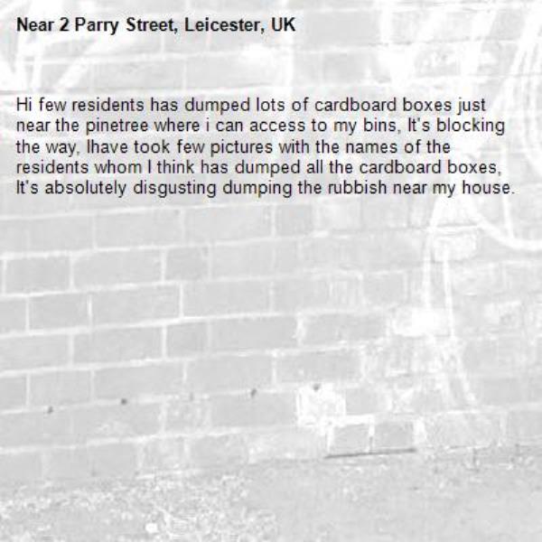 Hi few residents has dumped lots of cardboard boxes just near the pinetree where i can access to my bins, It's blocking the way, Ihave took few pictures with the names of the residents whom I think has dumped all the cardboard boxes, It's absolutely disgusting dumping the rubbish near my house.-2 Parry Street, Leicester, UK