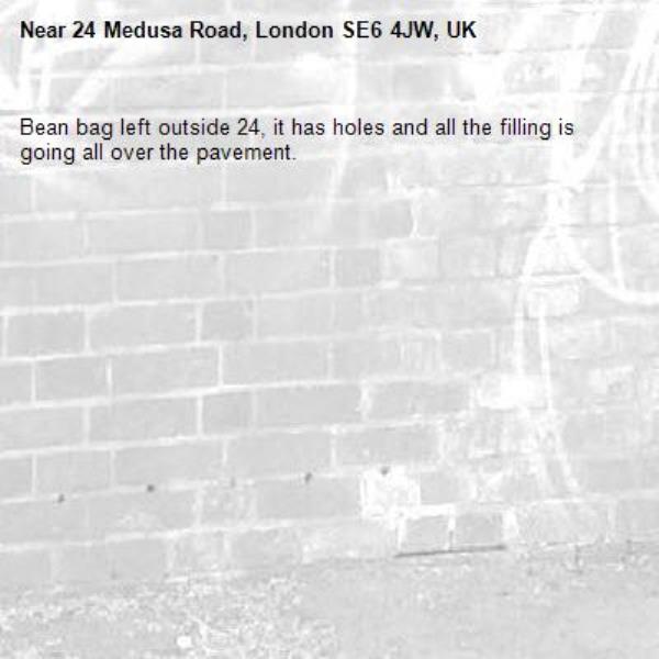Bean bag left outside 24, it has holes and all the filling is going all over the pavement. -24 Medusa Road, London SE6 4JW, UK