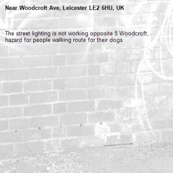The street lighting is not working opposite 5 Woodcroft, hazard for people walking route for their dogs -Woodcroft Ave, Leicester LE2 6HU, UK